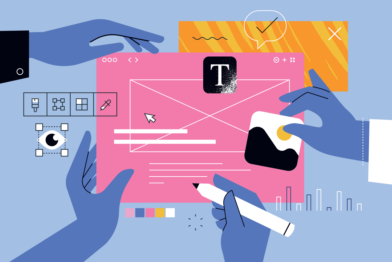 hands contributing website elements to a screen to create a modern website